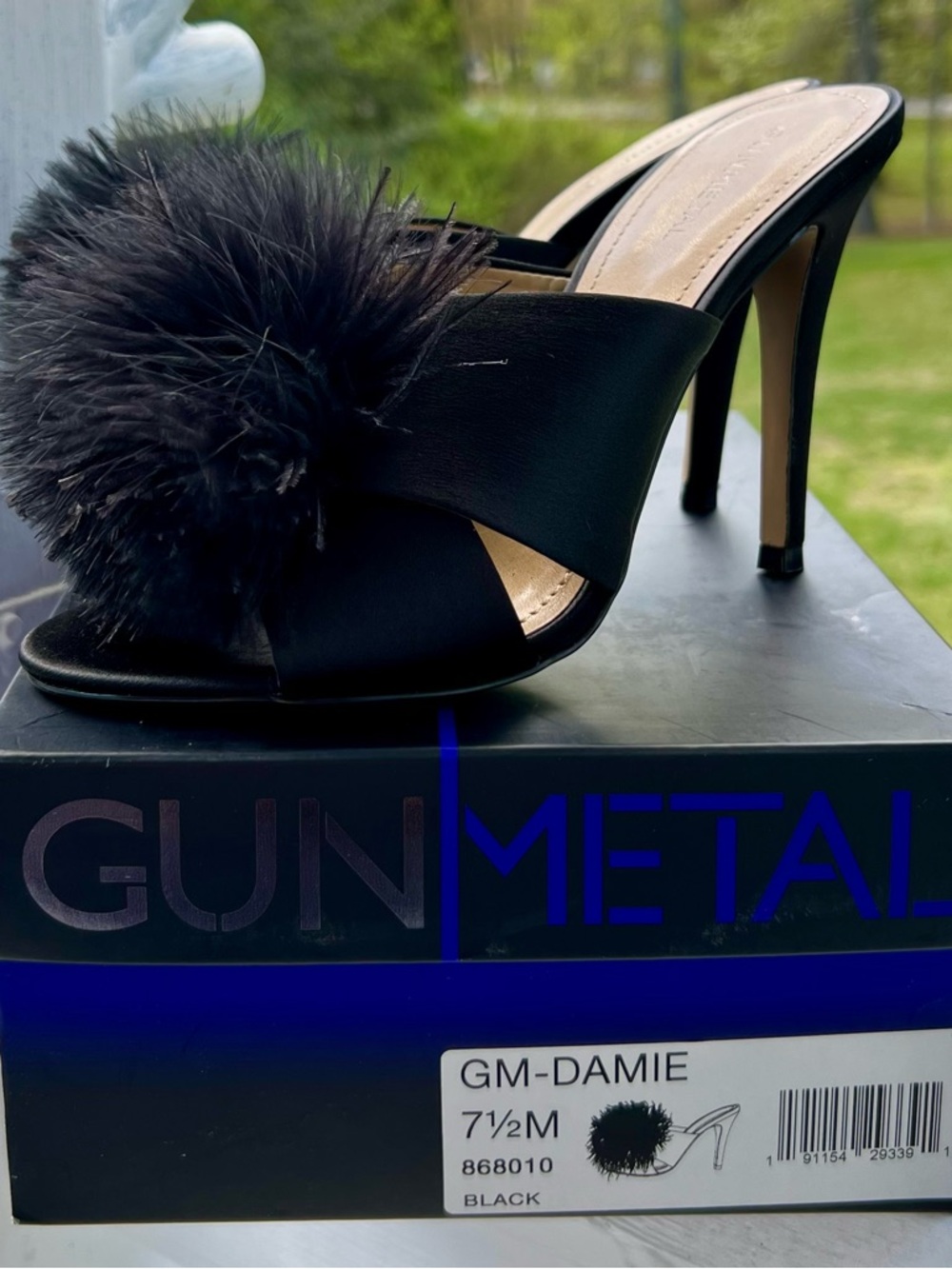 GUNMETAL Damie Black Pom Pom 4” Heels - Women’s 7.5